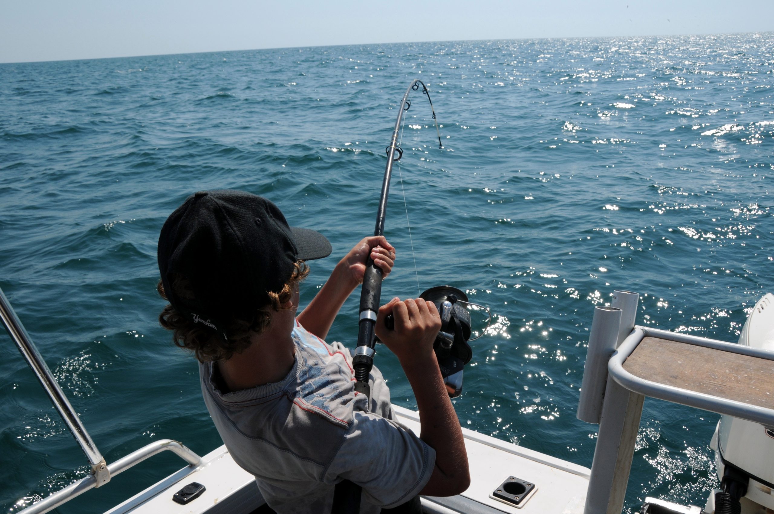 A person on a boat is fishing, holding a bent rod over the blue ocean on a sunny day.
