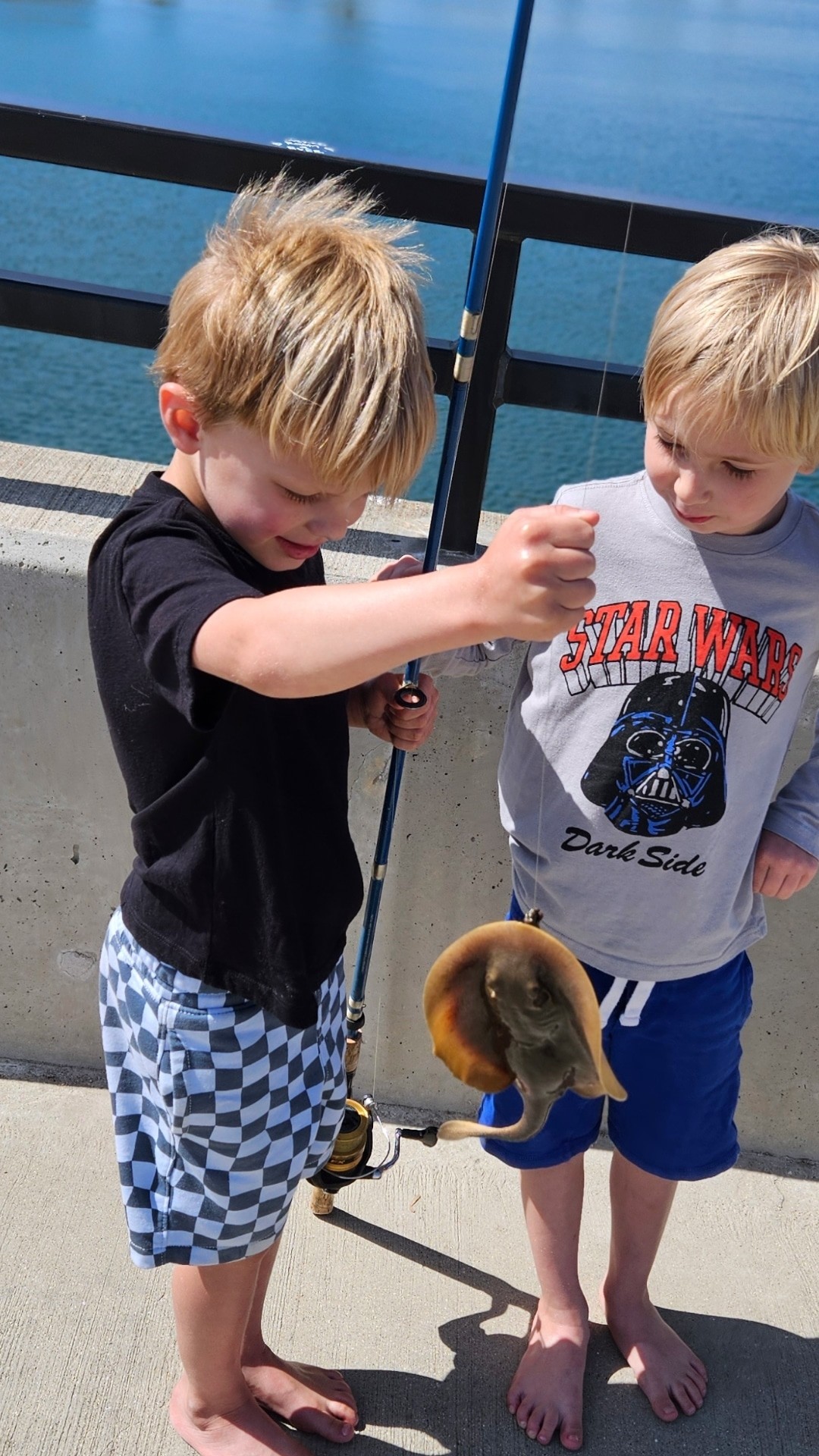 Two young boys look at a small stingray they caught while fishing by the water on a sunny day.