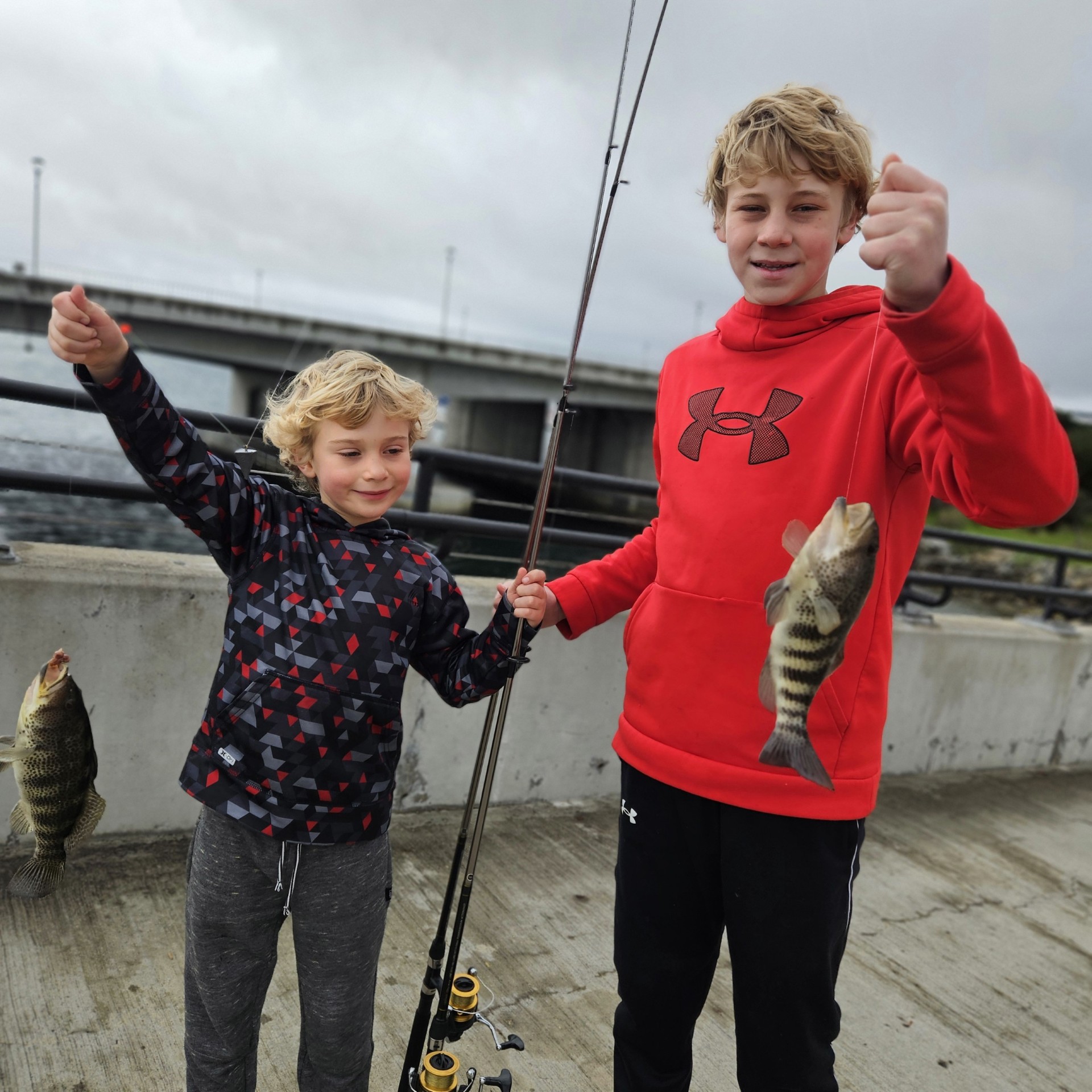 Brothers Fishing Two smiling boys holding fishing rods and showing off fish they caught on a cloudy day by a bridge.